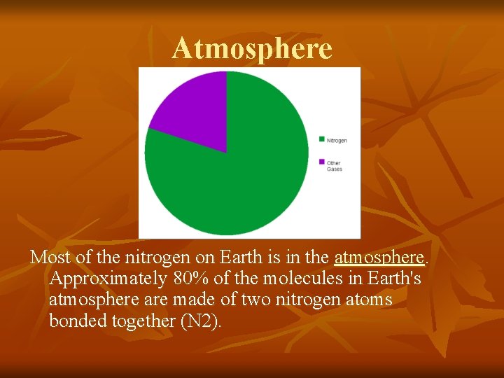 Atmosphere Most of the nitrogen on Earth is in the atmosphere. Approximately 80% of