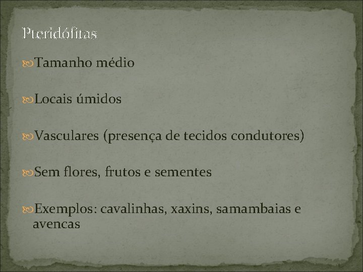 Pteridófitas Tamanho médio Locais úmidos Vasculares (presença de tecidos condutores) Sem flores, frutos e