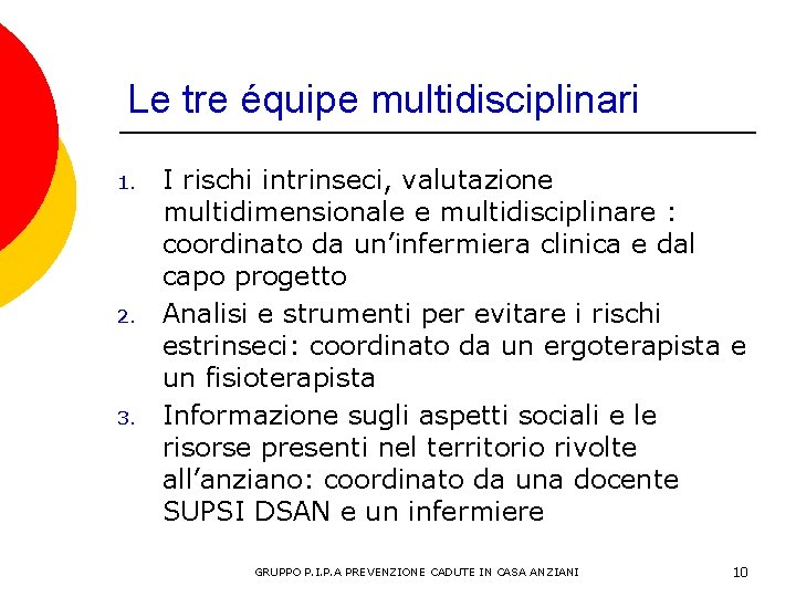 Le tre équipe multidisciplinari 1. 2. 3. I rischi intrinseci, valutazione multidimensionale e multidisciplinare