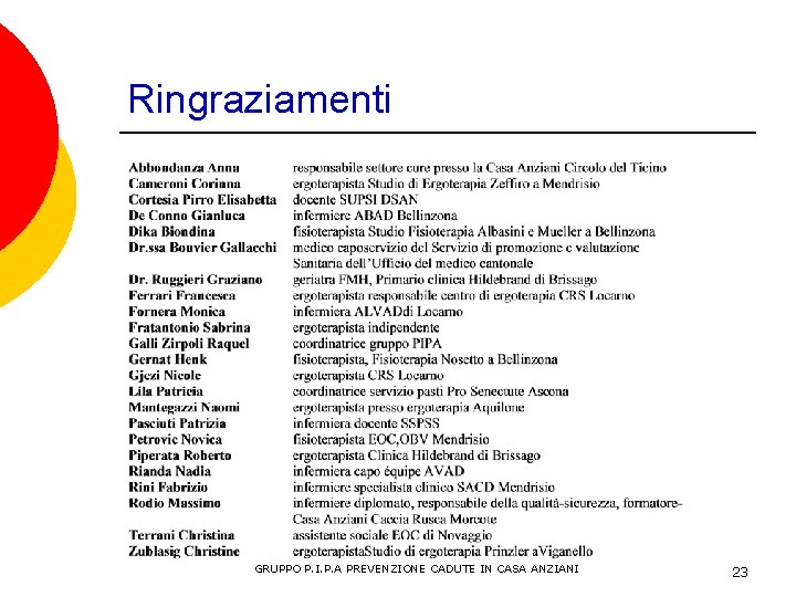 Ringraziamenti GRUPPO P. I. P. A PREVENZIONE CADUTE IN CASA ANZIANI 23 