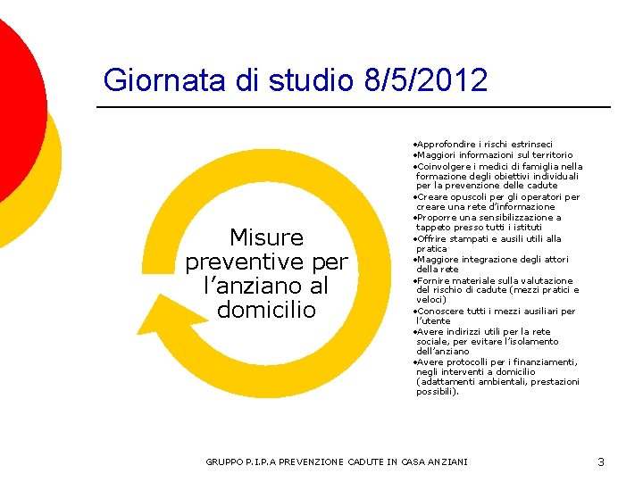 Giornata di studio 8/5/2012 Misure preventive per l’anziano al domicilio • Approfondire i rischi