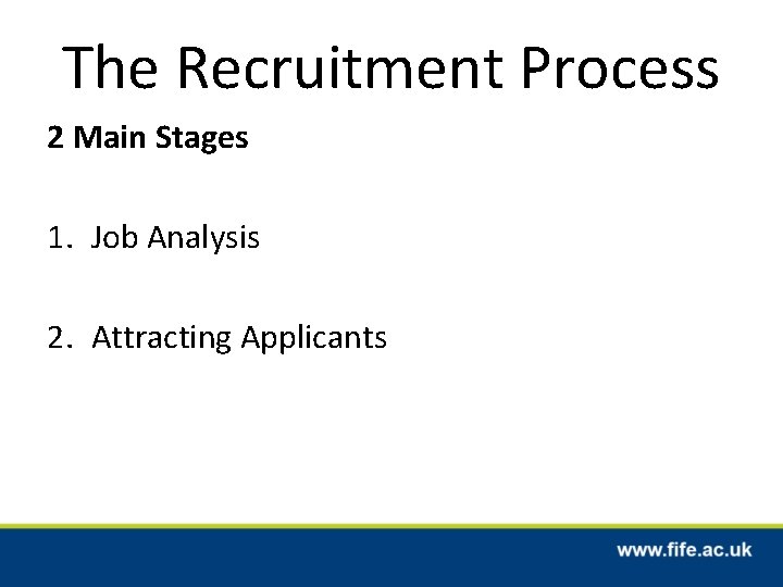 The Recruitment Process 2 Main Stages 1. Job Analysis 2. Attracting Applicants 