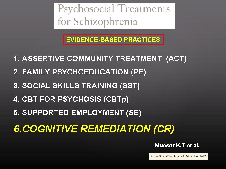 EVIDENCE-BASED PRACTICES 1. ASSERTIVE COMMUNITY TREATMENT (ACT) 2. FAMILY PSYCHOEDUCATION (PE) 3. SOCIAL SKILLS