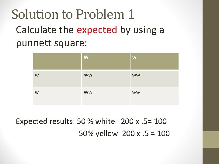 Solution to Problem 1 Calculate the expected by using a punnett square: W w