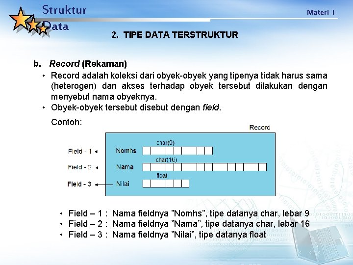 Struktur Data Materi I 2. TIPE DATA TERSTRUKTUR b. Record (Rekaman) • Record adalah