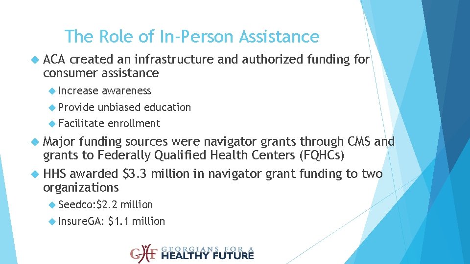 The Role of In-Person Assistance ACA created an infrastructure and authorized funding for consumer