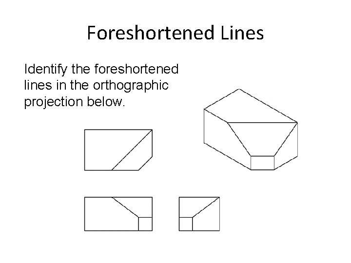 Foreshortened Lines Identify the foreshortened lines in the orthographic projection below. 