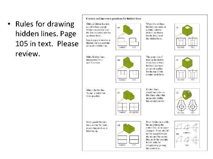  • Rules for drawing hidden lines. Page 105 in text. Please review. 