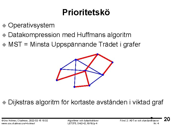 Prioritetskö u Operativsystem u Datakompression med Huffmans algoritm u MST = Minsta Uppspännande Trädet