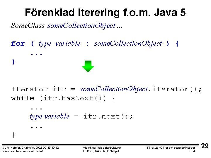 Förenklad iterering f. o. m. Java 5 Some. Class some. Collection. Object. . .