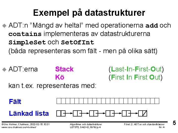 Exempel på datastrukturer u ADT: n ”Mängd av heltal” med operationerna add och contains