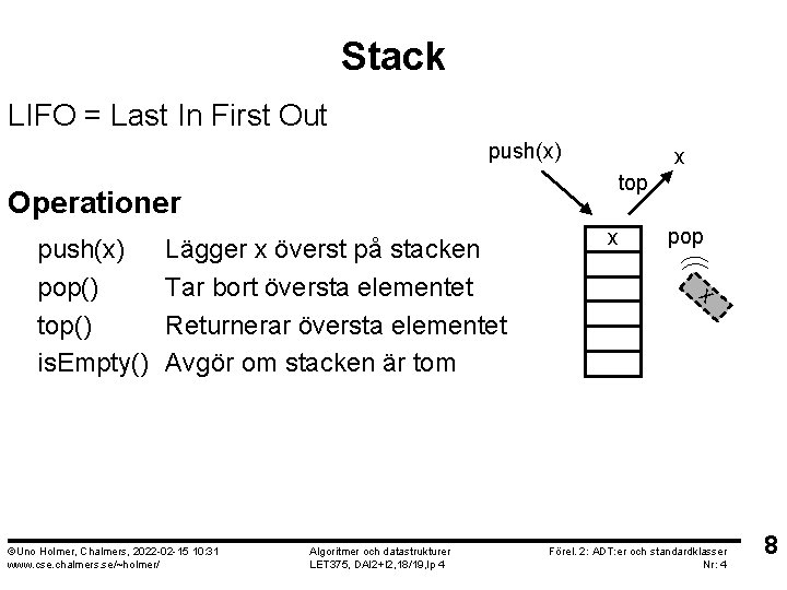 Stack LIFO = Last In First Out push(x) top Operationer push(x) pop() top() is.