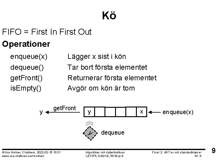Kö FIFO = First In First Out Operationer enqueue(x) dequeue() get. Front() is. Empty()