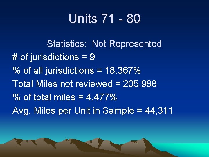 Units 71 - 80 Statistics: Not Represented # of jurisdictions = 9 % of
