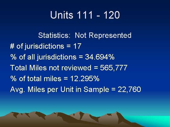 Units 111 - 120 Statistics: Not Represented # of jurisdictions = 17 % of