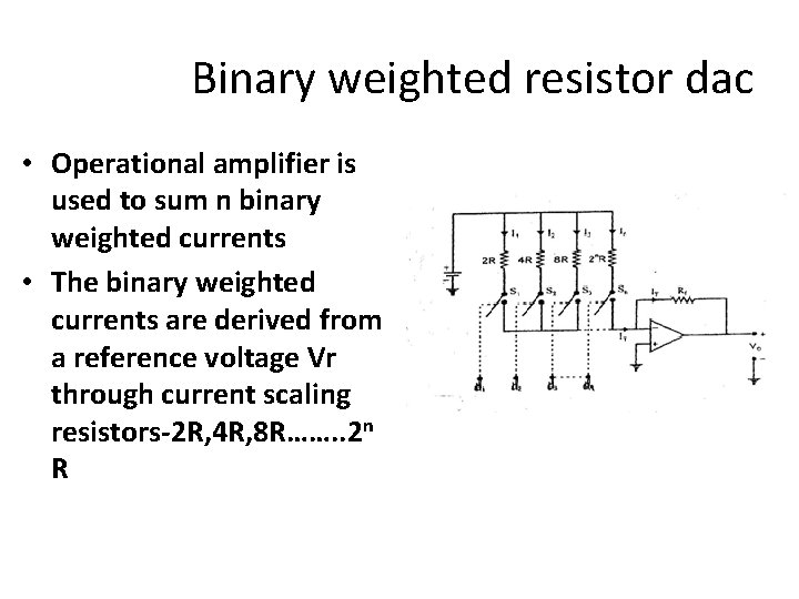 Binary weighted resistor dac • Operational amplifier is used to sum n binary weighted