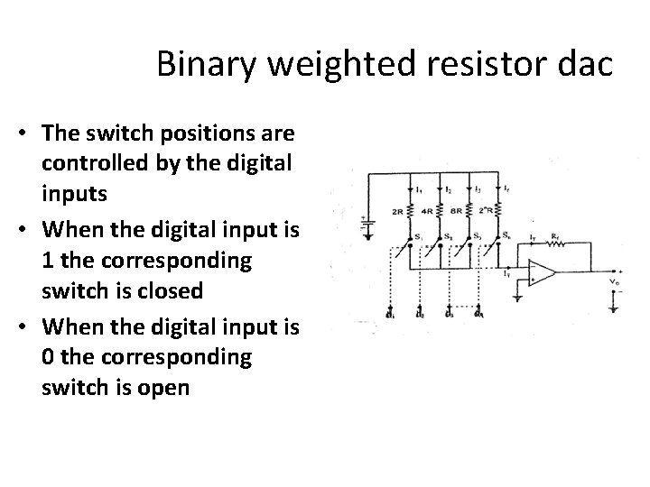 Binary weighted resistor dac • The switch positions are controlled by the digital inputs