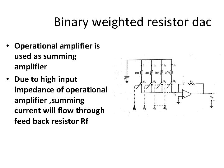 Binary weighted resistor dac • Operational amplifier is used as summing amplifier • Due
