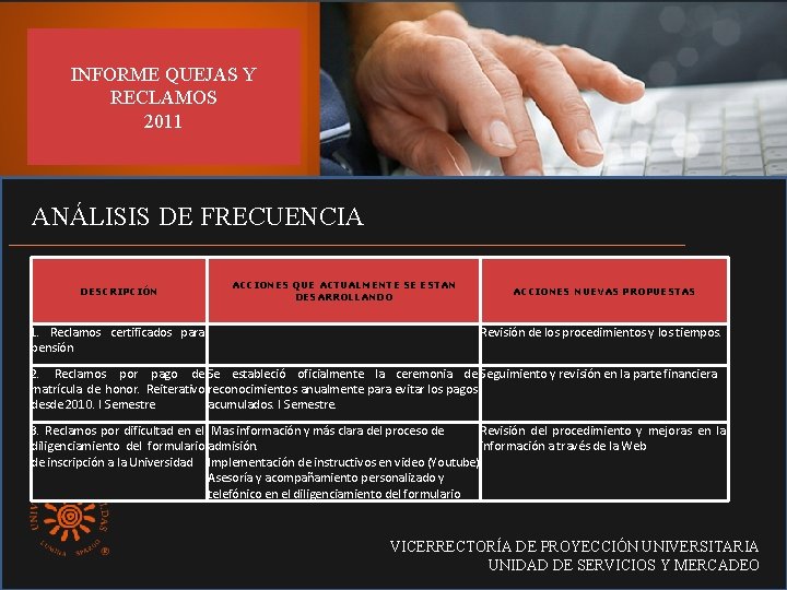 INFORME QUEJAS Y RECLAMOS 2011 ANÁLISIS DE FRECUENCIA DESCRIPCIÓN 1. Reclamos certificados para pensión