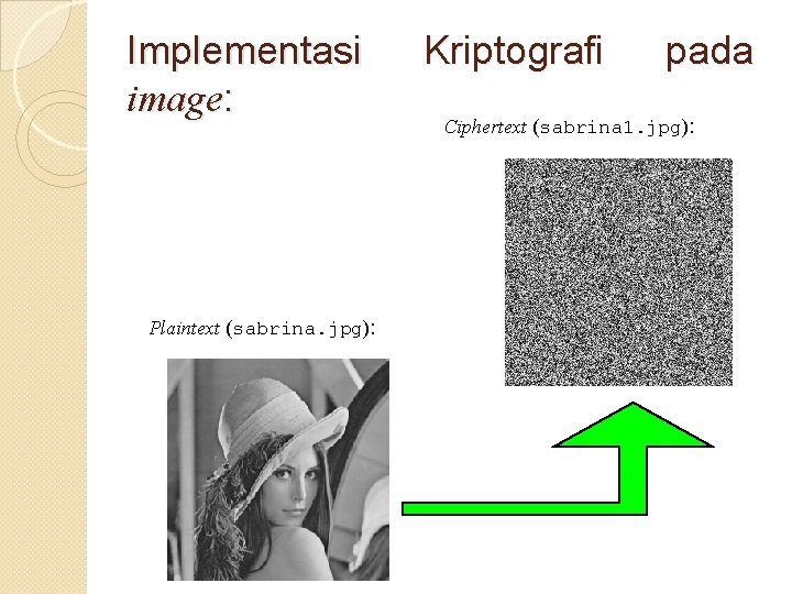 Implementasi image: Plaintext (sabrina. jpg): Kriptografi pada Ciphertext (sabrina 1. jpg): 