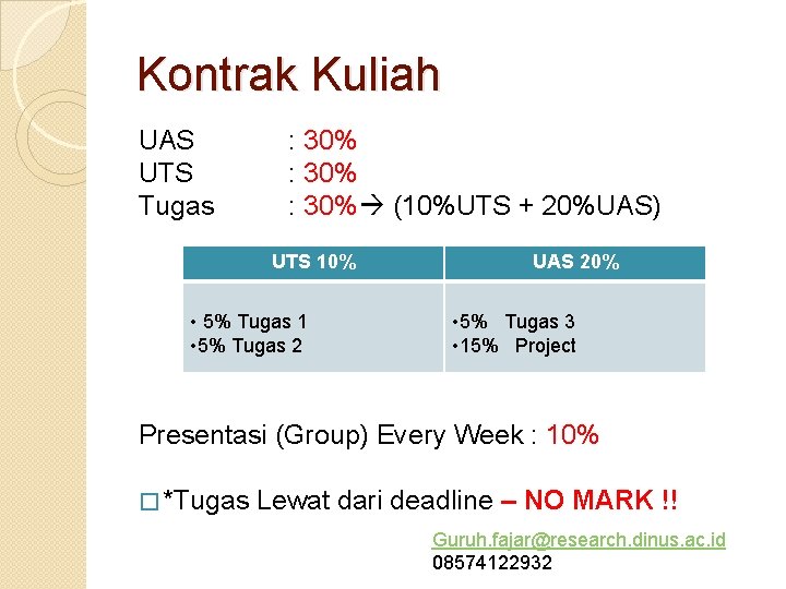 Kontrak Kuliah UAS UTS Tugas : 30% (10%UTS + 20%UAS) UTS 10% • 5%