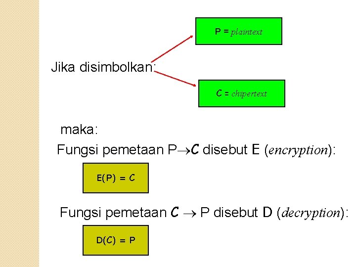 P = plaintext Jika disimbolkan: C = chipertext maka: Fungsi pemetaan P C disebut