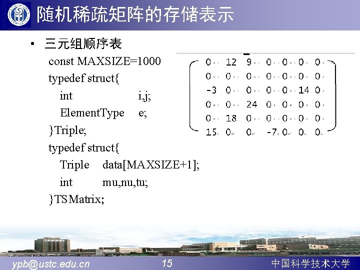 随机稀疏矩阵的存储表示 • 三元组顺序表 const MAXSIZE=1000 typedef struct{ int i, j; Element. Type e; }Triple;