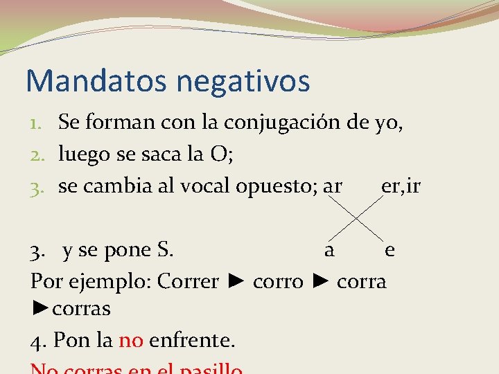 Mandatos negativos 1. Se forman con la conjugación de yo, 2. luego se saca Mandatos negativos 1. Se forman con la conjugación de yo, 2. luego se saca