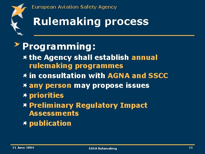 European Aviation Safety Agency Rulemaking process Programming: the Agency shall establish annual rulemaking programmes