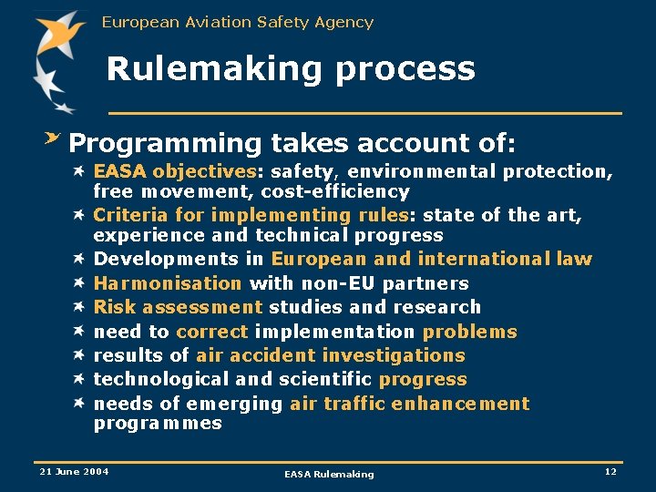 European Aviation Safety Agency Rulemaking process Programming takes account of: EASA objectives: safety, environmental