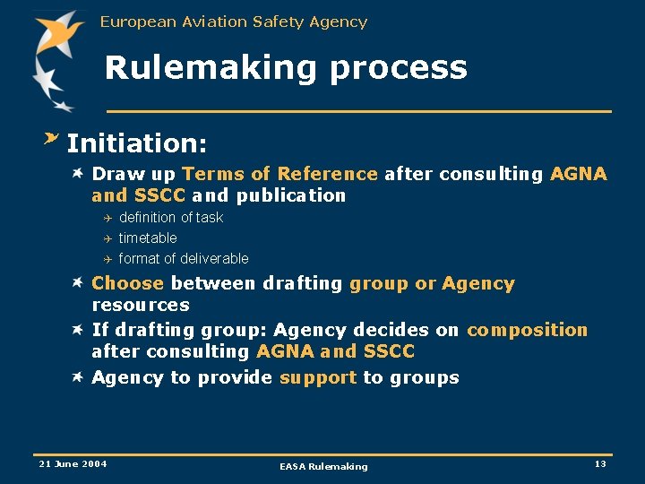 European Aviation Safety Agency Rulemaking process Initiation: Draw up Terms of Reference after consulting