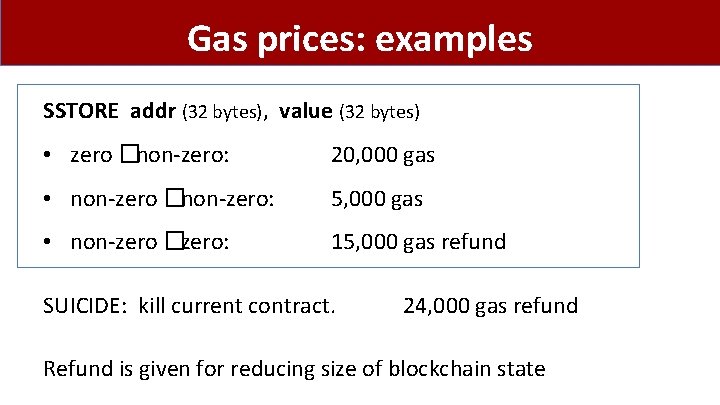 Gas prices: examples SSTORE addr (32 bytes), value (32 bytes) • zero �non-zero: 20,