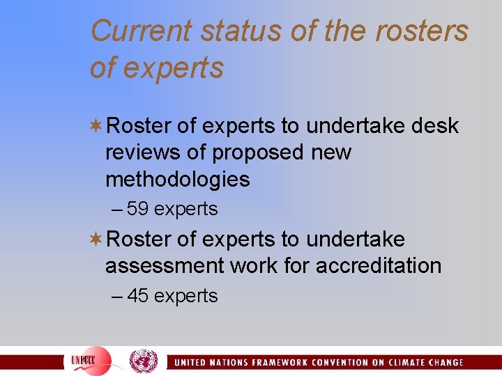 Current status of the rosters of experts ¬Roster of experts to undertake desk reviews