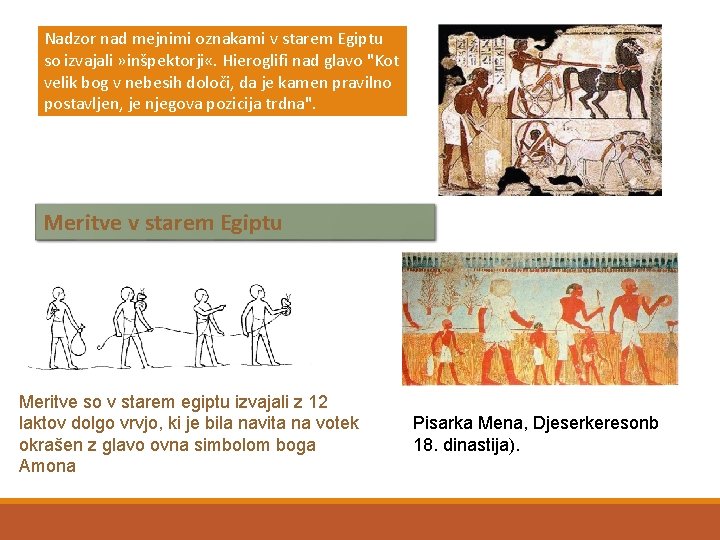 Nadzor nad mejnimi oznakami v starem Egiptu so izvajali » inšpektorji «. Hieroglifi nad