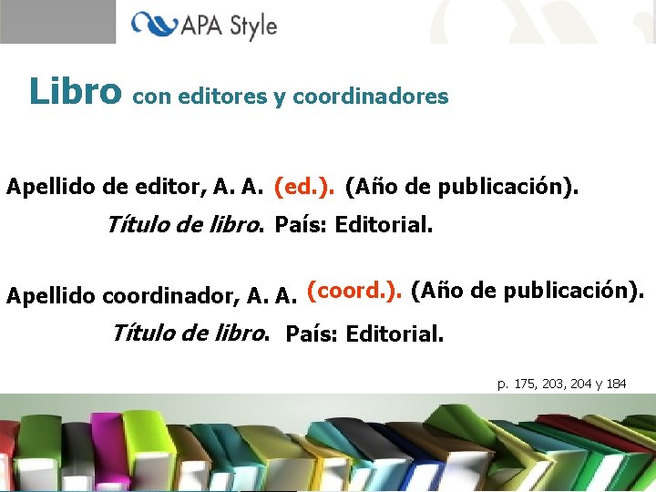 Libro con editores y coordinadores Apellido de editor, A. A. (ed. ). (Año de