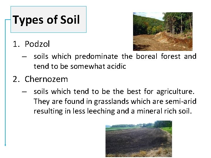 Types of Soil 1. Podzol – soils which predominate the boreal forest and tend