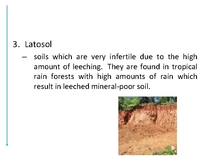 3. Latosol – soils which are very infertile due to the high amount of