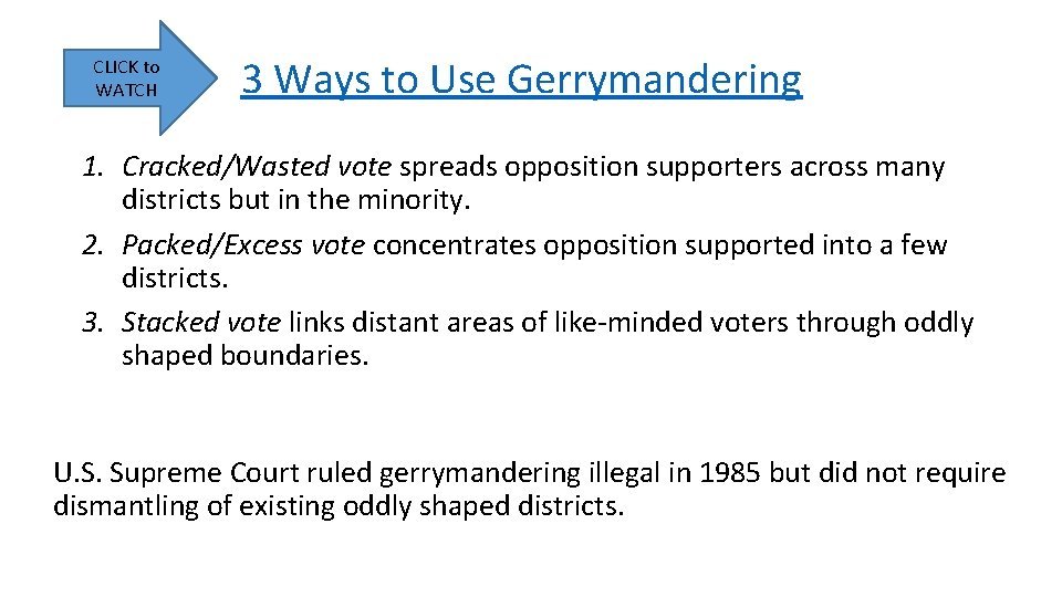 CLICK to WATCH 3 Ways to Use Gerrymandering 1. Cracked/Wasted vote spreads opposition supporters