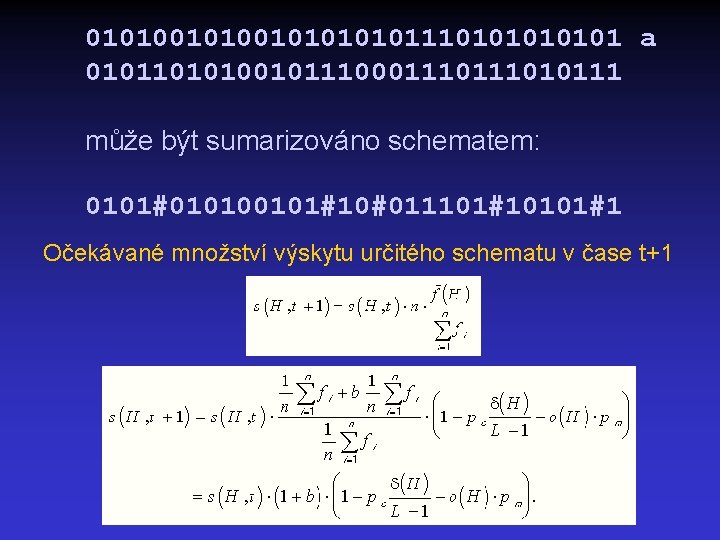 0101001010111010101 a 0101101010010111000111010111 může být sumarizováno schematem: 0101#010100101#10#011101#10101#1 Očekávané množství výskytu určitého schematu v