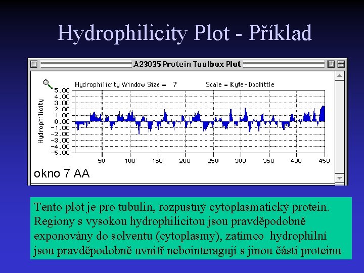 Hydrophilicity Plot - Příklad okno 7 AA Tento plot je pro tubulin, rozpustný cytoplasmatický