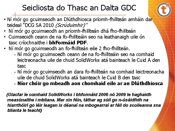 Seicliosta do Thasc an Dalta GDC • Ní mór go gcuimseodh an Dlúthdhiosca príomh-fhillteán