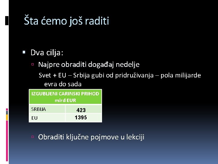 Šta ćemo još raditi Dva cilja: Najpre obraditi događaj nedelje Svet + EU –