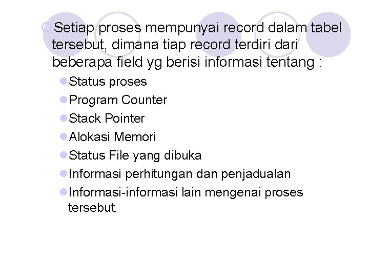 ¡Setiap proses mempunyai record dalam tabel tersebut, dimana tiap record terdiri dari beberapa field