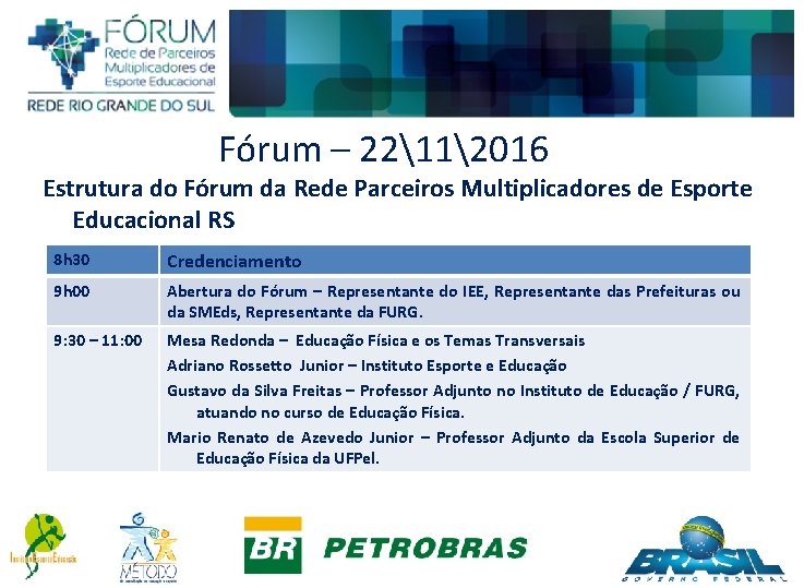 Fórum – 22112016 Estrutura do Fórum da Rede Parceiros Multiplicadores de Esporte Educacional RS