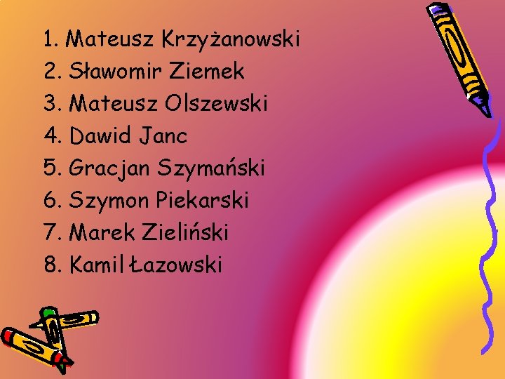 1. Mateusz Krzyżanowski 2. Sławomir Ziemek 3. Mateusz Olszewski 4. Dawid Janc 5. Gracjan
