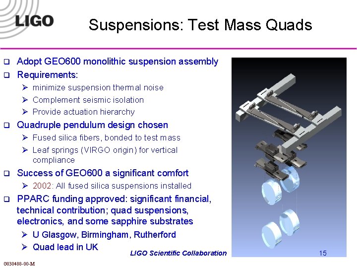 Suspensions: Test Mass Quads q q Adopt GEO 600 monolithic suspension assembly Requirements: Ø