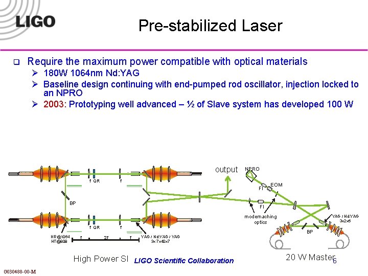 Pre-stabilized Laser q Require the maximum power compatible with optical materials Ø 180 W