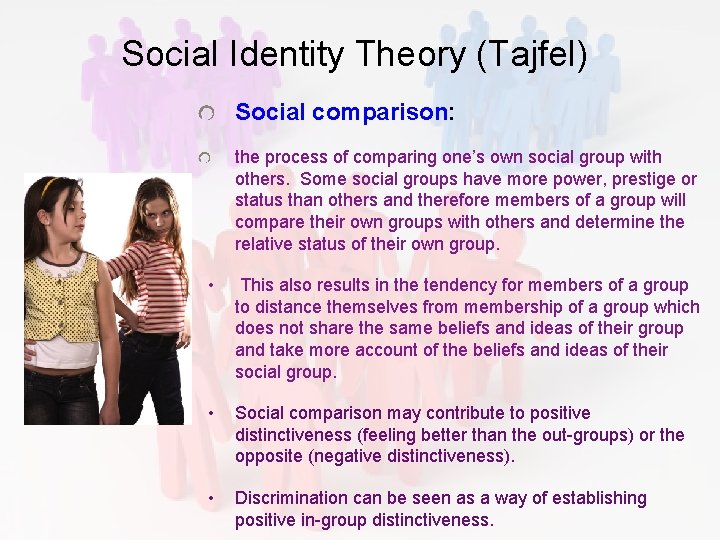 Social Identity Theory (Tajfel) Social comparison: the process of comparing one’s own social group Social Identity Theory (Tajfel) Social comparison: the process of comparing one’s own social group