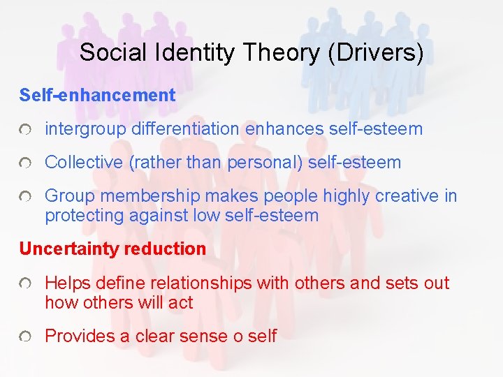 Social Identity Theory (Drivers) Self-enhancement intergroup differentiation enhances self-esteem Collective (rather than personal) self-esteem Social Identity Theory (Drivers) Self-enhancement intergroup differentiation enhances self-esteem Collective (rather than personal) self-esteem