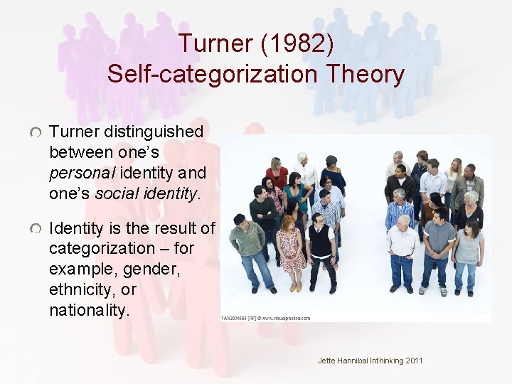 Turner (1982) Self-categorization Theory Turner distinguished between one’s personal identity and one’s social identity. Turner (1982) Self-categorization Theory Turner distinguished between one’s personal identity and one’s social identity.